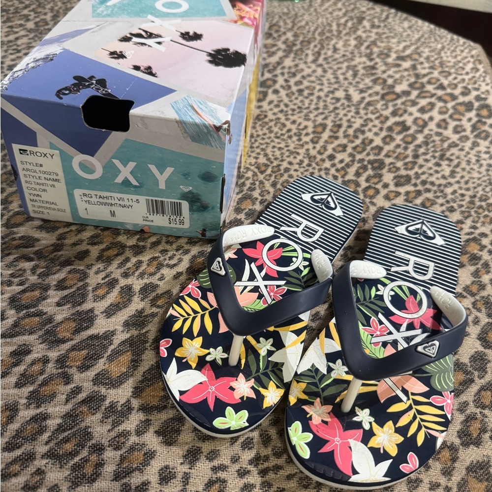 Roxy Kids Tropical Flip Flops - Navy and Multicolor